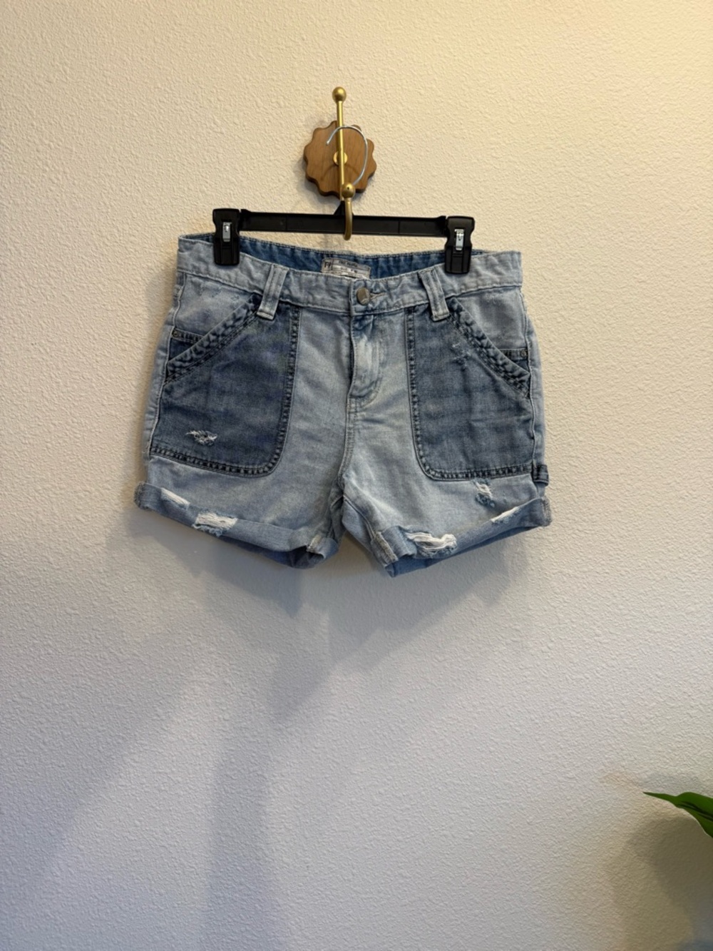 Free People Two-Tone Light Blue Distressed Denim Shorts | Size 28